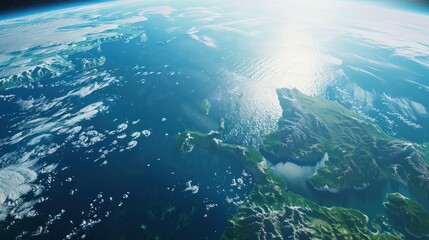 Aerial view of Earth from space showing landmasses and oceans. Space exploration and environmental concept. Design for poster, wallpaper, and educational material.