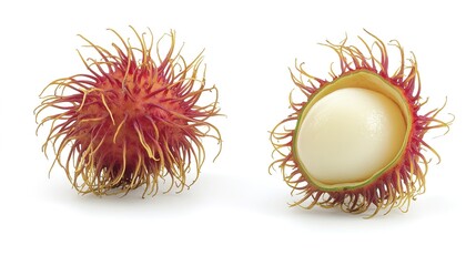 A rambutan with its distinctive hairy shell, both whole and partially opened to reveal the juicy white fruit inside. The vibrant, textured shell contrasts beautifully with the smooth,