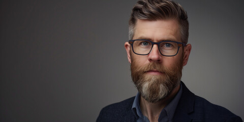 Fototapeta premium Stylish Portrait of a Bearded Man with Glasses in a Professional Setting