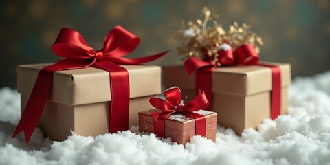 Obraz premium Christmas background with copy space, with gift boxes, red ribbons and snow on snowy bokeh background.