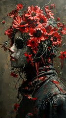 Surreal Portrait with Red Flowers and Blood