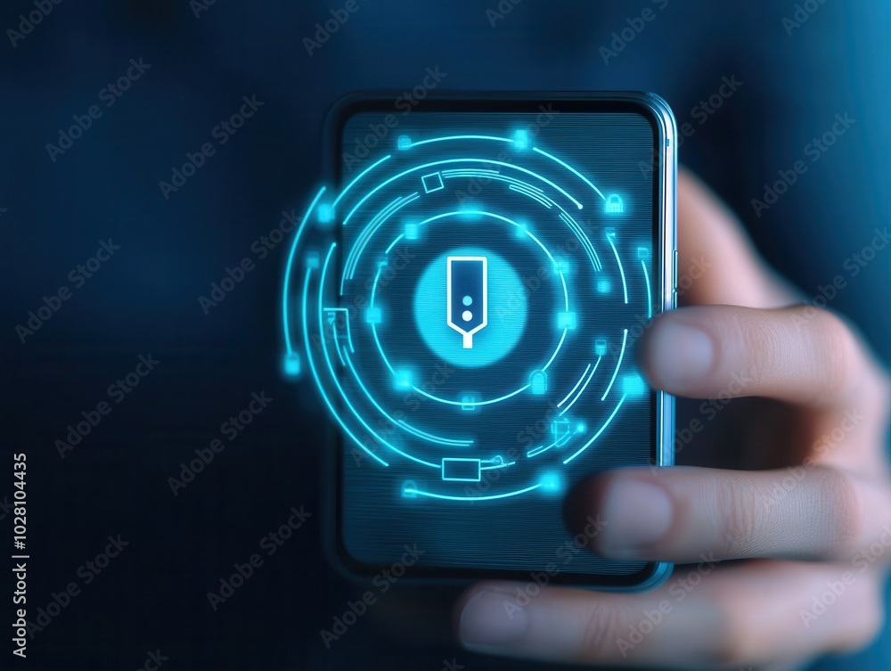Poster hand holding smartphone displaying futuristic security interface.