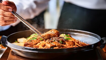 Faceless man eat Dakgalbi in restaurant with bokeh background. Korean Food.