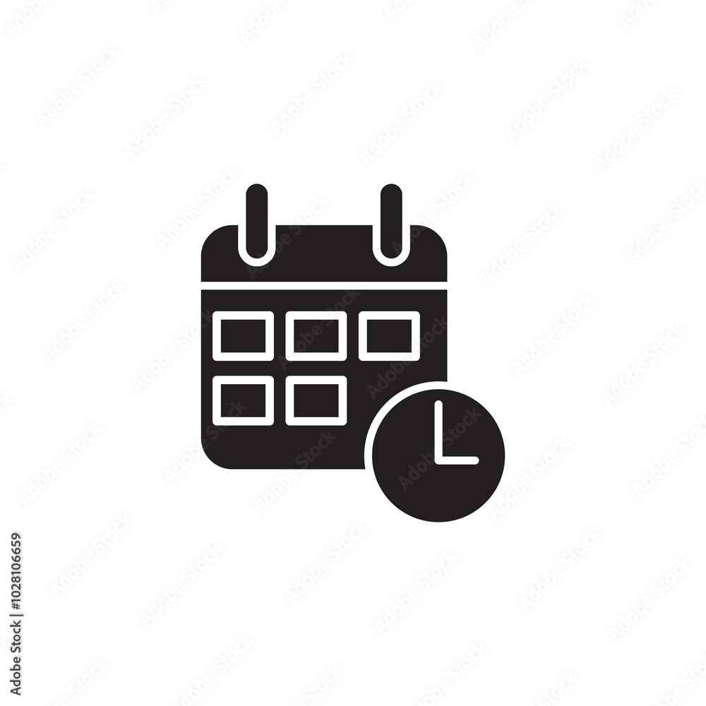 Poster calendar with clock black icon, calendar time simple flat black illustration for web and app..eps