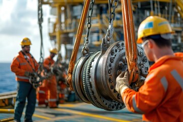 Crew using winches to lift machinery parts on a drilling platform, offshore mechanical operations, teamwork