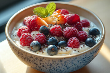 A bowl of fruit with blueberries and raspberries