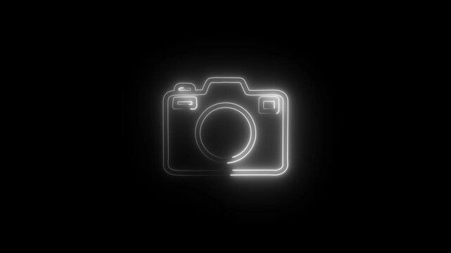 Glowing camera neon icon sign. Digital photography, photo studio, content production concept. Neon line Photo camera on background.