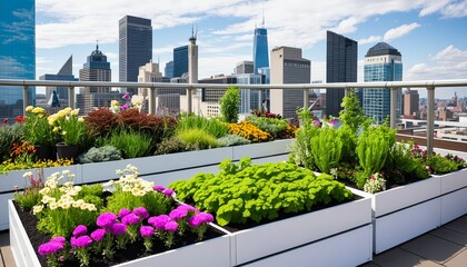 Fototapeta premium Urban Rooftop Garden with City Skyline