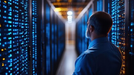 IT expert in a server room analyzing network traffic, ensuring cybersecurity protocols, industrial data security