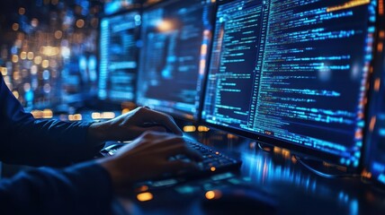 IT specialist monitoring network security logs for suspicious activity, preventing cyber threats, secure network environment