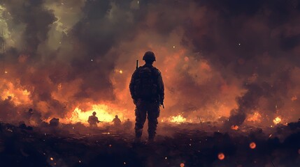 Fototapeta premium A lone soldier stands silhouetted against a fiery battlefield.
