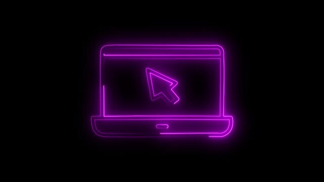 Glowing neon laptop with cursor icon animation. Desktop computer and mouse arrow concept.