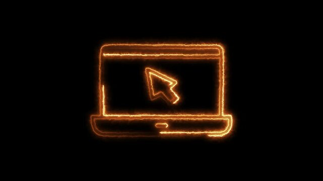 Glowing neon laptop with cursor icon animation. Desktop computer and mouse arrow concept.