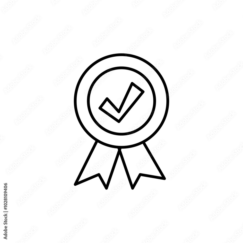Poster medal with check mark, vector flat black linear illustration for web and app..eps