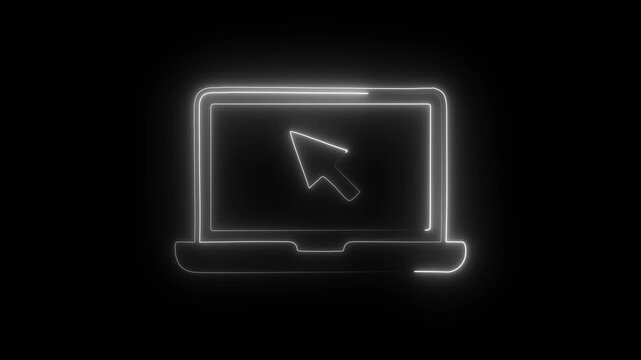 Glowing neon laptop with cursor icon animation. Desktop computer and mouse arrow concept.