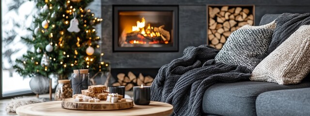 Cozy holiday living room with fireplace and decorated christmas tree
