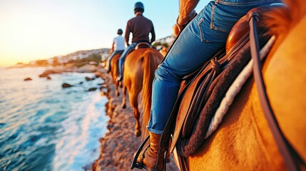 Horseback riding along a scenic coastline at sunset