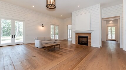 A charming farmhouse living room with shiplap walls, distressed wood furniture, and a large blank white frame above the mantel, ideal for displaying family photos or rustic art. 