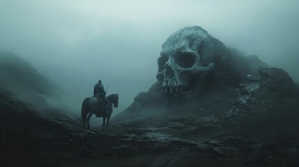 Rocky mountain in the shape of a human skull with an medieval warrior standing. Fantasy theme. Halloween poster.