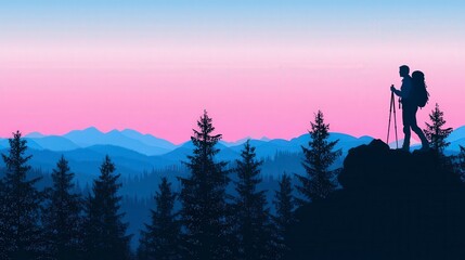 Obraz premium Silhouette of a hiker against a colorful mountain landscape at dusk