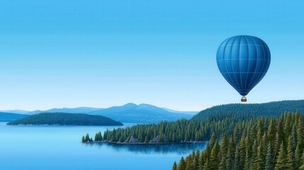 Fototapeta premium Serene hot air balloon soaring over a tranquil lake and forest landscape