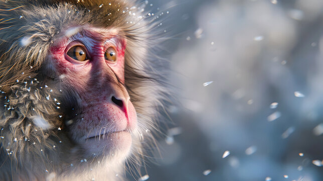 Closeup portrait of an adorable Japanese macaque monkey also known as a snow monkey sitting in a snowy winter forest landscape The monkey has a fluffy thick fur coat and vivid red face
