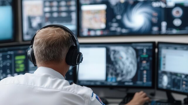 A control room with emergency planners monitoring an approaching hurricane, disaster response planning in action