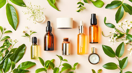 Stylish Collection of Cosmetic Products Herbs and Flowers on a Neutral Background