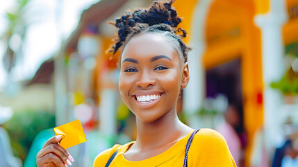 Stylish Young African Woman Smiling with Credit Card