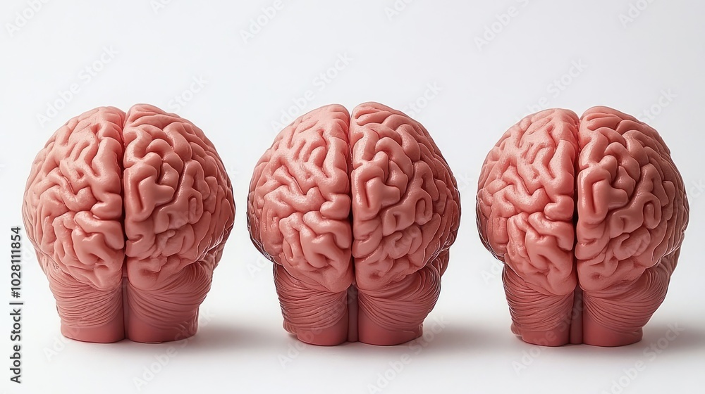 Poster three artificial brains showcasing intricate neural designs on display generative ai