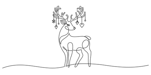 One continuous line drawing of christmas reindeer. Wild animal deer with antlers is dynamic silhouette in simple linear style. Elegance logo editable stroke. Doodle cute vector illustration