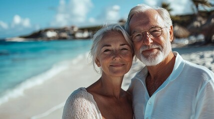 Fototapeta premium Smiling romantic senior couple in sunglasses at beach