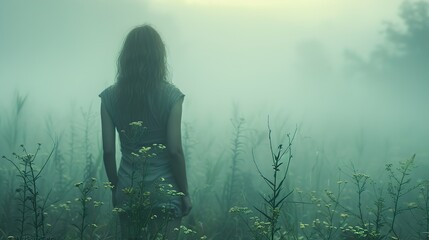 Obraz premium Woman Silhouette In Foggy Field - Nature Photography