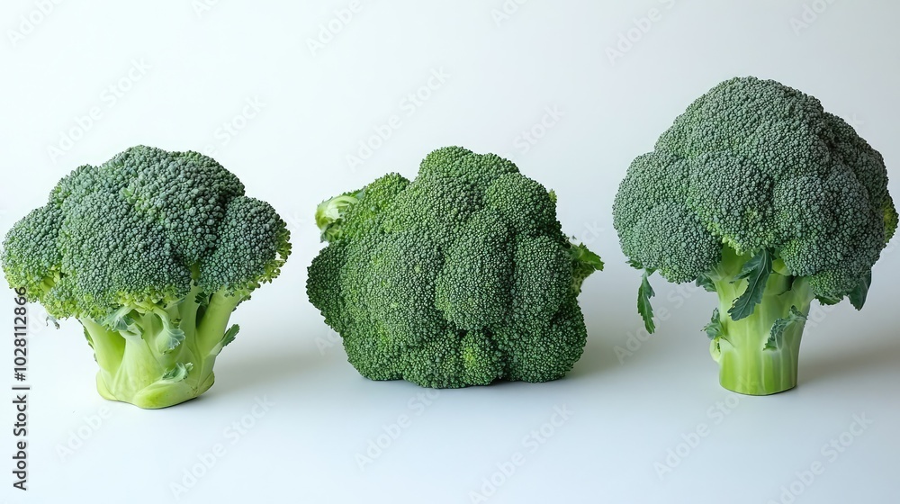 Poster fresh broccoli heads displayed on a white background in a row generative ai