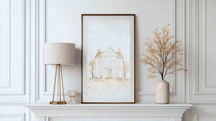 stylish house portrait framed elegantly on mantel, accompanied by modern lamp and decorative vase with dried flowers, creates serene and inviting atmosphere