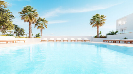 modern swimming pool surrounded by sun loungers and palm trees creates serene and inviting atmosphere. clear blue water reflects bright sky, enhancing tranquil setting