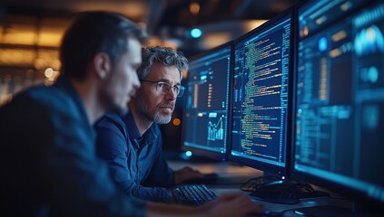 Programmers Working on a Project in a Dark Office