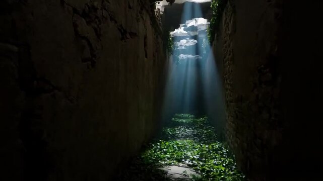 dark hallway with crumbling walls, illuminated by shafts of light that break through the collapsed ceiling