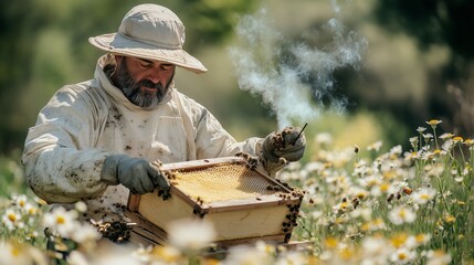 A beekeeper working in a field of wildflowers, dressed in protective gear and gloves with a bee hive box on his lap smoking the broodcombs to calm the bees for extracting honey comb from the hive