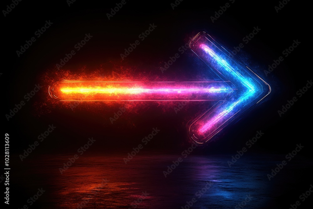 Fototapete colorful arrow made of glowing light beams, pointing right at the center on a black background he arrow forms an elegant and dynamic shape with a sense of motion and speed