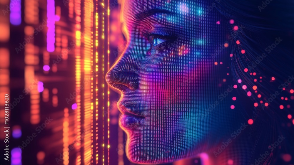 Poster a close-up of an abstract digital art piece featuring colorful pixelated patterns and lines, represe