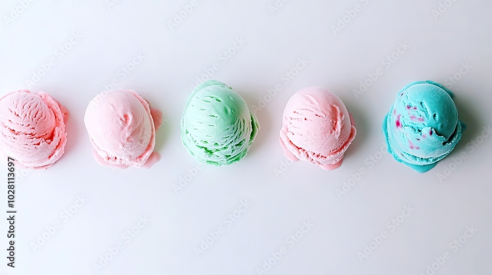 Poster colorful ice cream scoops displayed in a row on a white surface generative ai