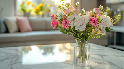 A close up of the white marble countertop in an elegant living room, with a vase holding fresh flowers adding colour and tranquility to the space.
