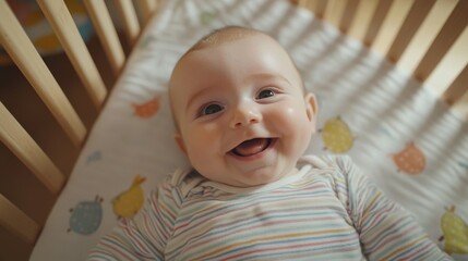Happy baby lying on a crib, smiling genuinely and looking up at the camera. The view is from above, capturing the baby's joyful expression as they lie comfortably on soft bedding.
