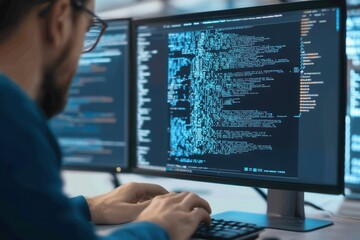 IT expert using biometric authentication systems during network penetration testing, advanced cybersecurity protocols