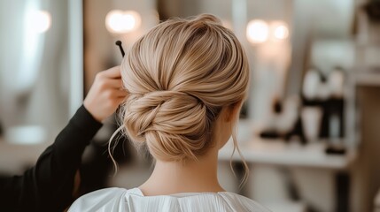 A wedding makeup artist in black attire is applying hair to the bride's blonde updo hairstyle at her salon session.