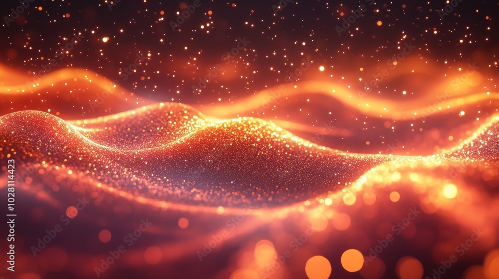 Poster abstract background with golden glitter and glowing light, red flowing wave design. high resolution 