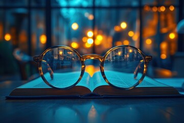 A pair of glasses lying on an open book, with a blurred background of lights and a window