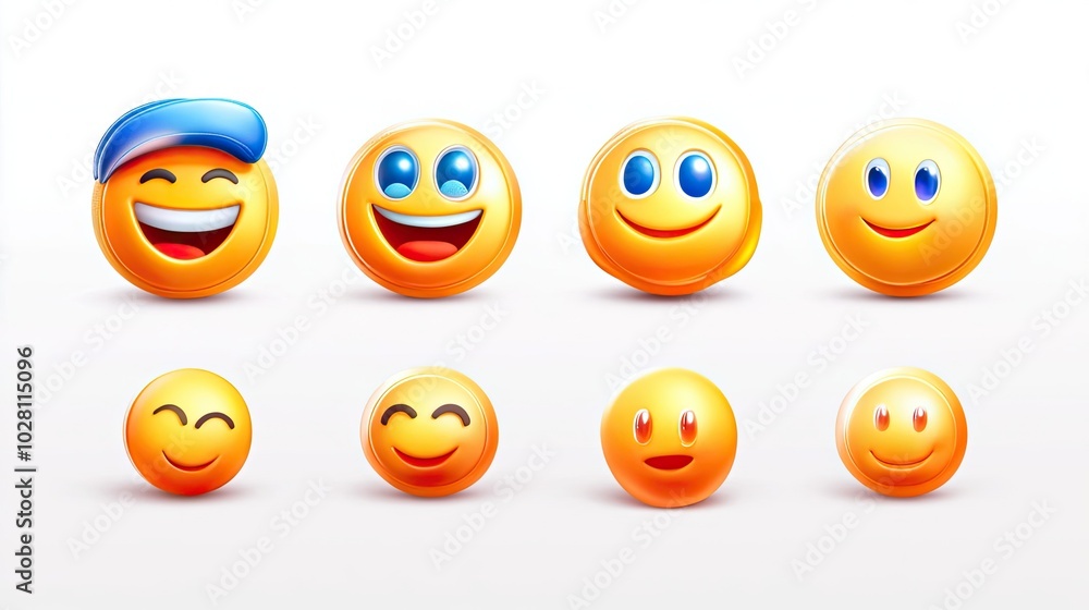 Poster vibrant array of eight smiley faces showcasing various expressions generative ai