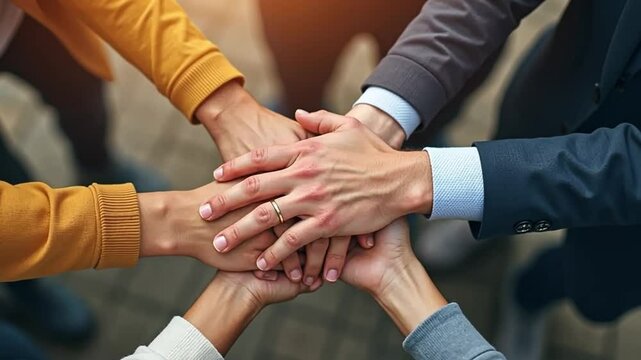 Concept of teamwork and collaboration. Holding hands in close-up top view symbolizes harmony and unity.